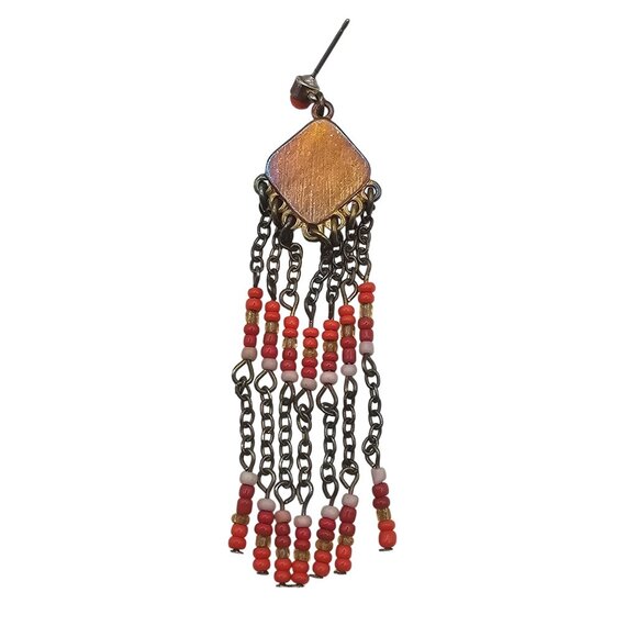 Beaded Orange Dangle Drop Brass Tone Hippie Boho Gypsy Tassel Rustic Earrings - Picture 2 of 10